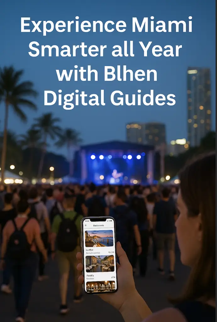 Woman holding a smartphone displaying a Bhlen digital guide while walking through a crowded outdoor Miami event at dusk, with a concert stage and palm trees in the background.